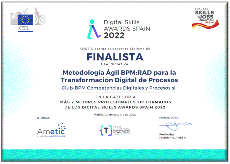 2022. Diploma de finalista Premios Europeos de Competencias Digitales otorgado a Club-BPM por la metodología BPM:RAD