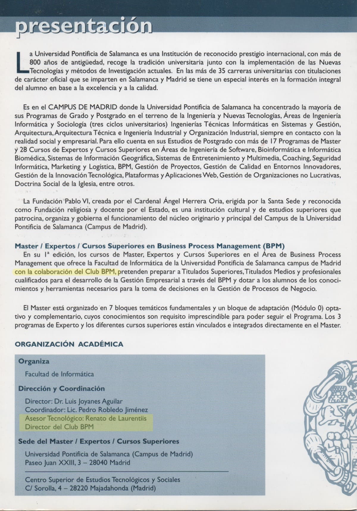 Primer Master Universitario BPM del Mundo - Segunda página del folleto