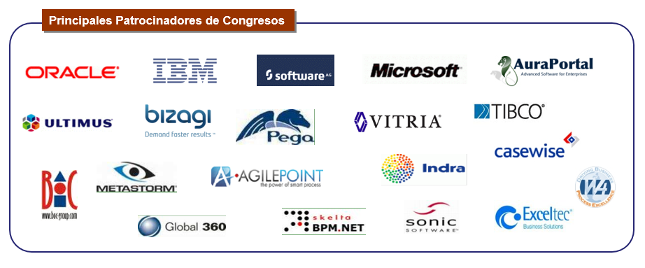 Logotipos de las principales empresas patrocinadores de congresos y giras internacionales BPM 2005 - 2015